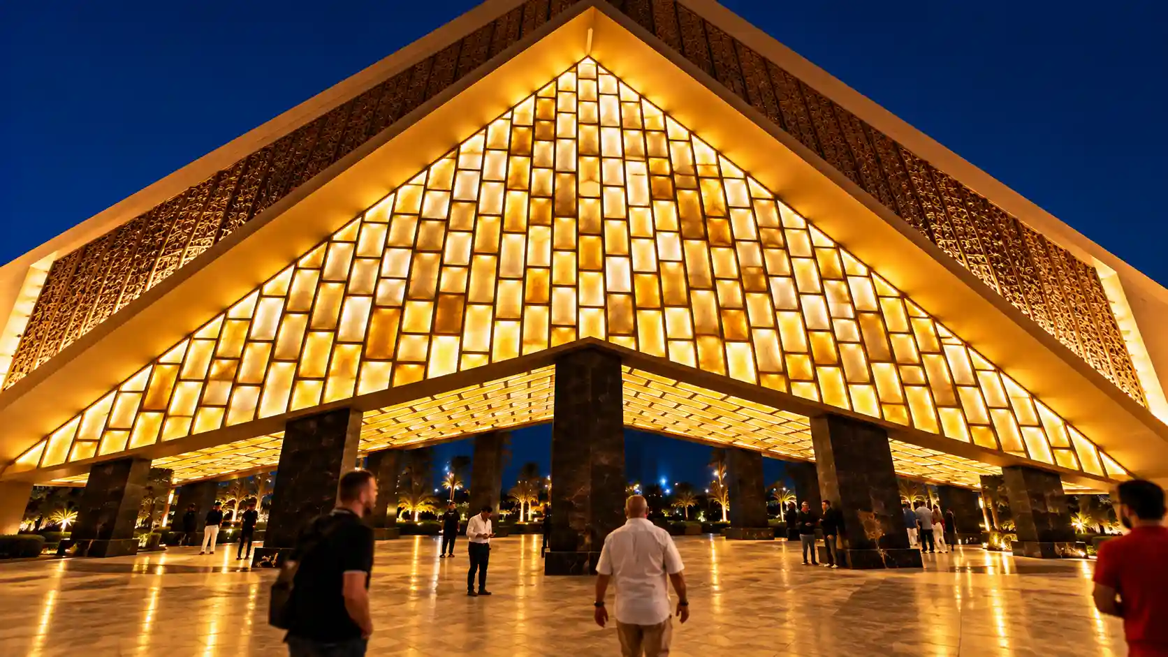 Golden Geometric Pavilion at Night