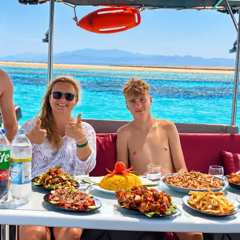 Sunny Tropical Boat Feast with Thumbs Up