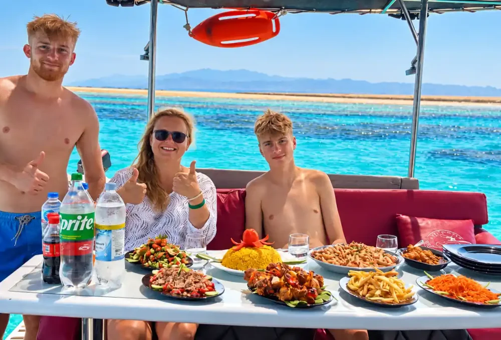 Sunny Tropical Boat Feast with Thumbs Up